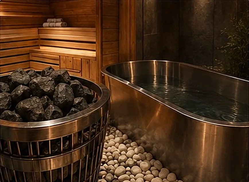 A basket of sauna stones beside a steel cold-plunge tub on a bed of white pebbles.