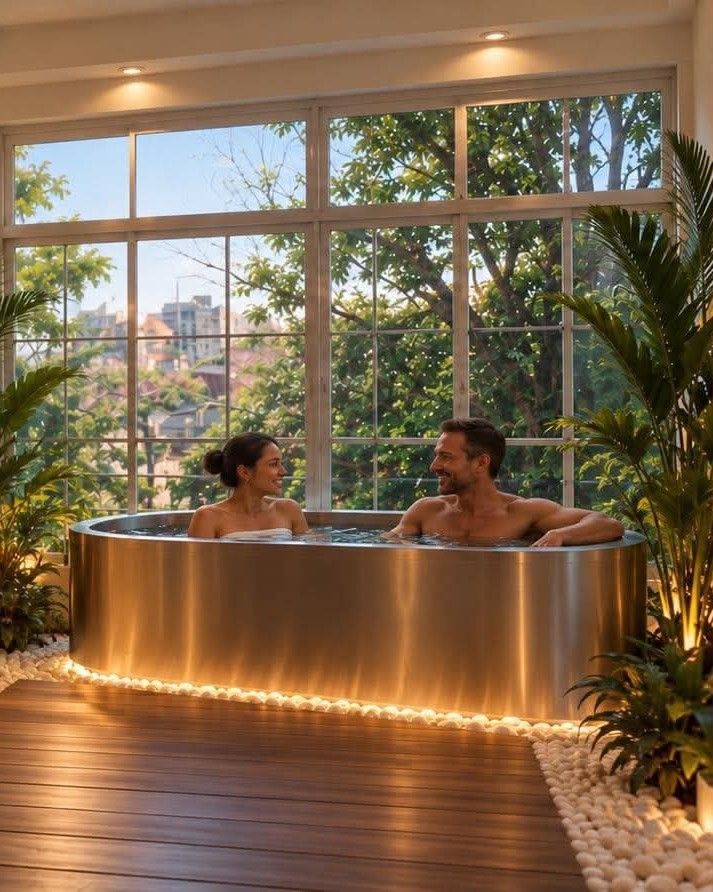Two guests in a steel hot tub on a timber deck before a tall garden window.