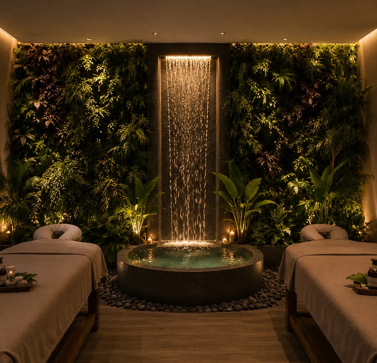 The relaxation lounge: a lit water wall between two living green walls with twin daybeds.