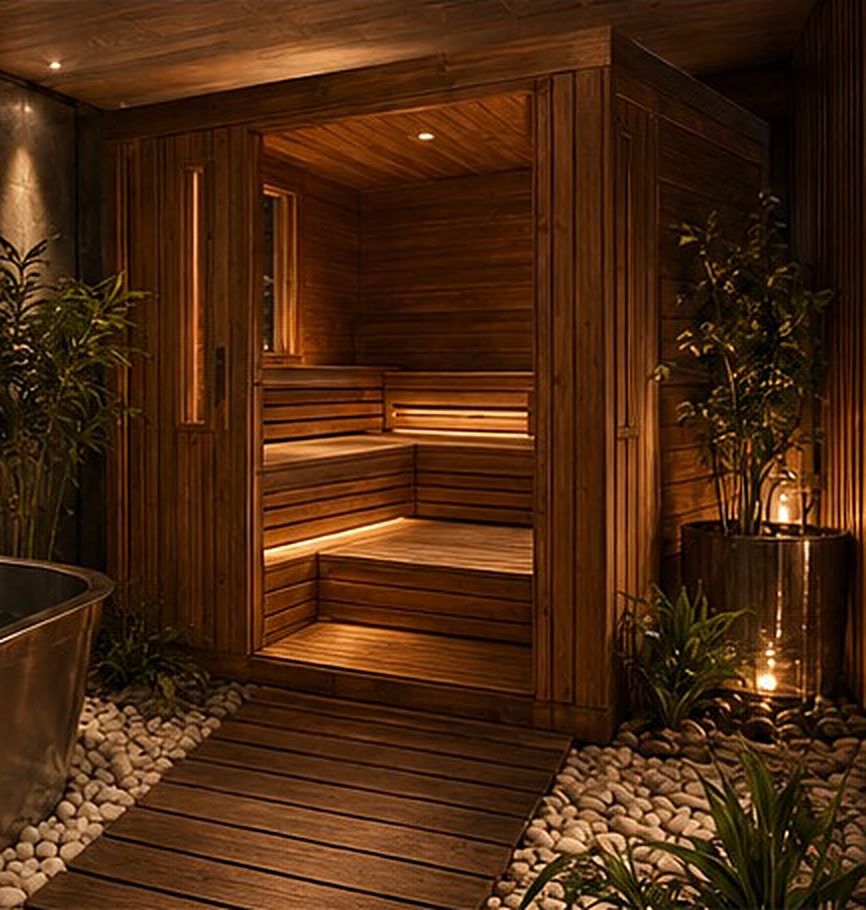 A timber sauna cabin lit warm from within.