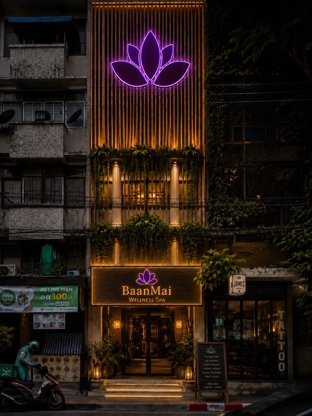 The BaanMai Wellness Spa shopfront at night, a neon lotus glowing above the entrance.